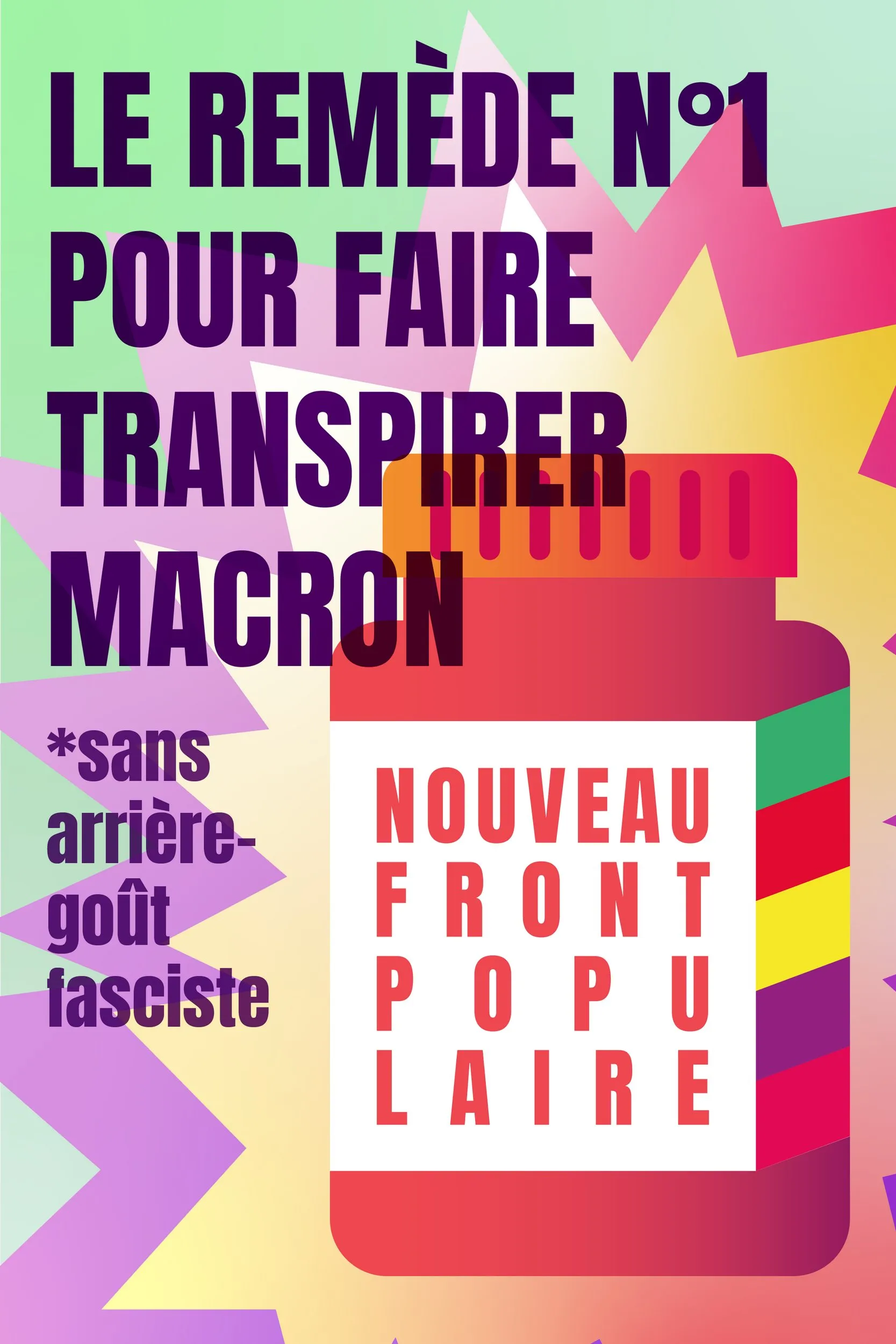 Eine Pillendose mit der Aufschrift „Nouveau front Populaire“ und bunten geometrischen Formen als Hintergrund.
