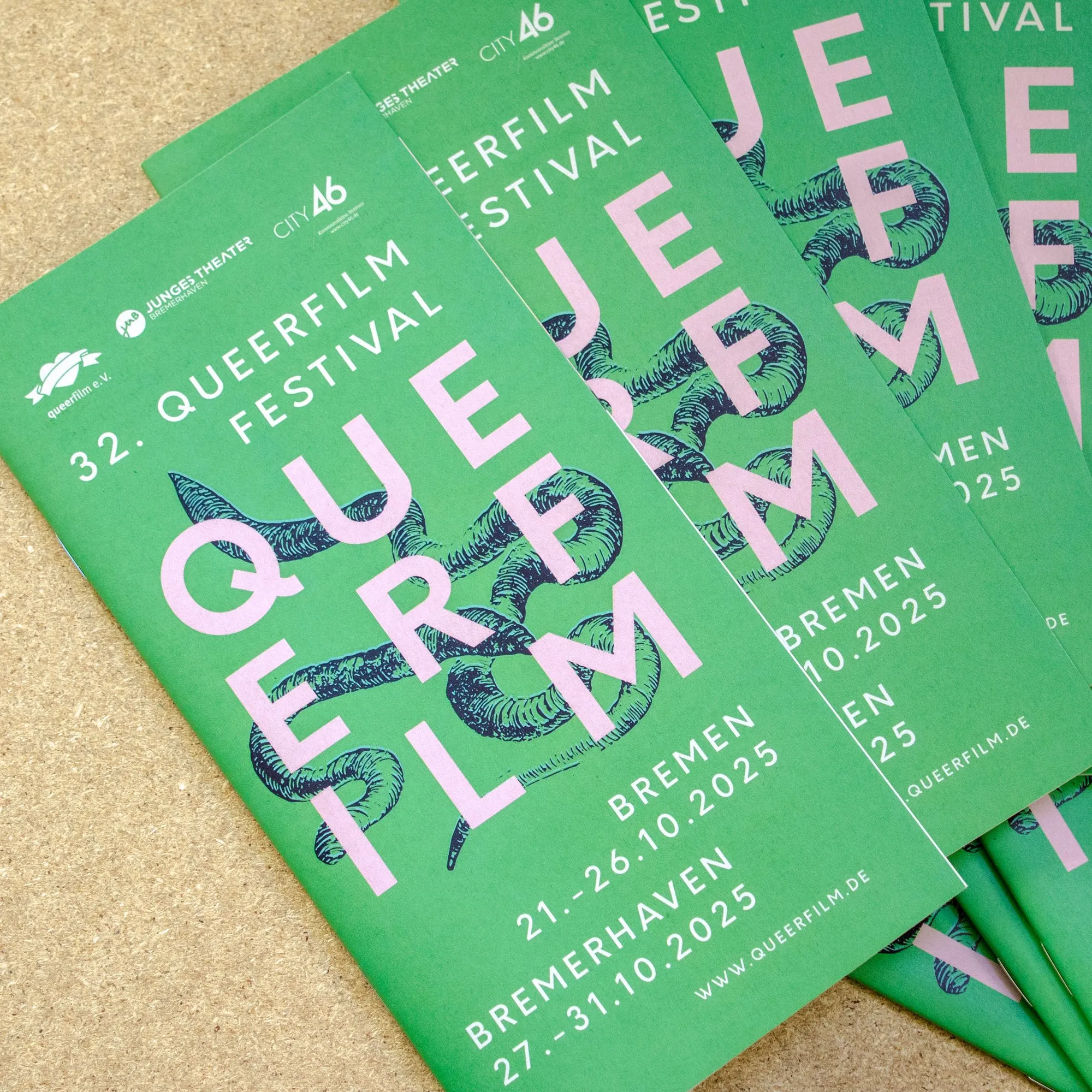 Programmcover mit einem Regenwurm auf grünem Hintergrund und rosa „Queerfilm“-Schriftzug